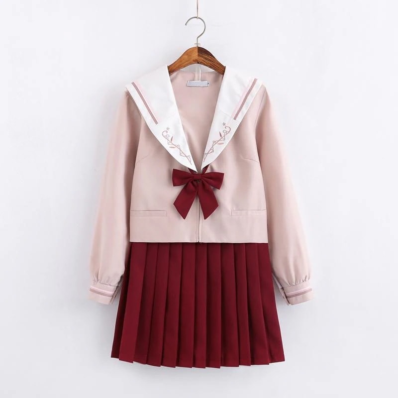 学生服 上下セット セーラー服 ピンク上着+レッドスカート 長袖半袖2種類タイプ 短い長いスカート セーター別売有 女子制服 JK制服 コスプレ 高校生 コスプレ可愛い レディース|Asap店
