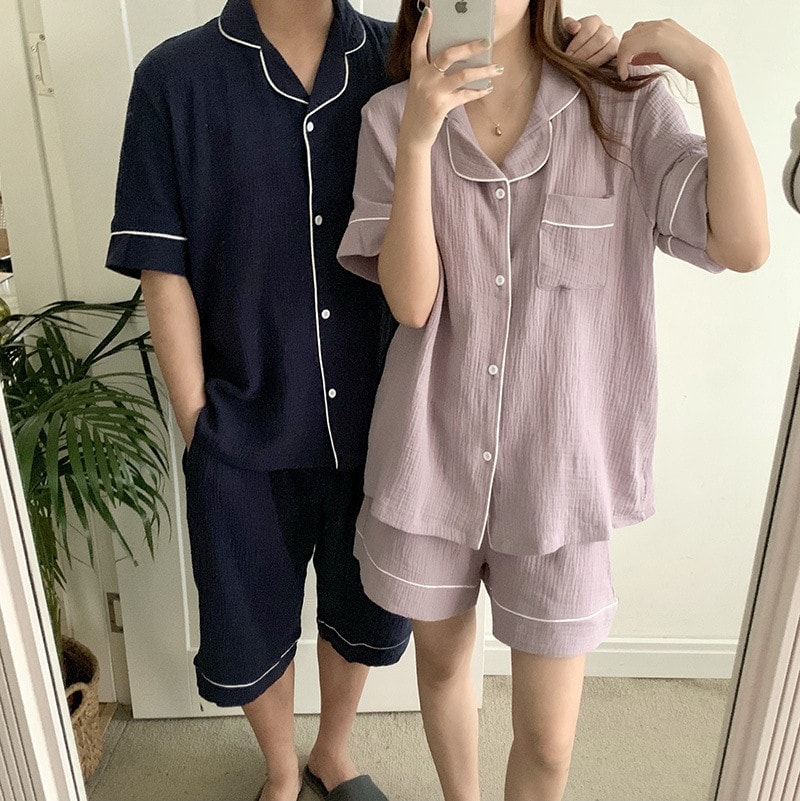 二人組パジャマ 有りの実パジャマ 春夏 半袖お座敷御召しもの 有りの実ルック 前くい違い 好いたらしい 無地 綿 上下書き割りレディース/メンズ涼しくたわい無い書き割りお座敷着 コートン オシャレ 差し上げ物