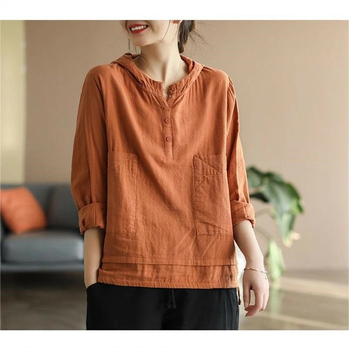 パーカー コットン レディース 春 長袖 プルオーバー 綿ガーゼ カットソー Tシャツ チュニック フード カジュアル トップス 春 夏 秋 大人可愛い ナチュラル インナー ポケット おしゃれ ゆっ