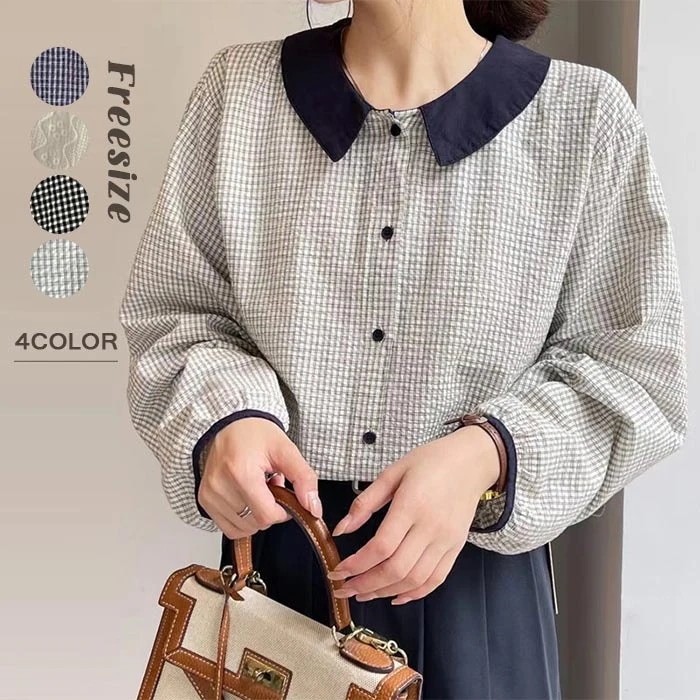 シャツ シャツブラウス レディース 長袖シャツ ブラウス トップス 綿シャツ 長袖 春 チェック柄シャツ 夏 コットンシャツ 折襟 チュニック カジュアル ゆったり アウター 前開き 体型カバー シン