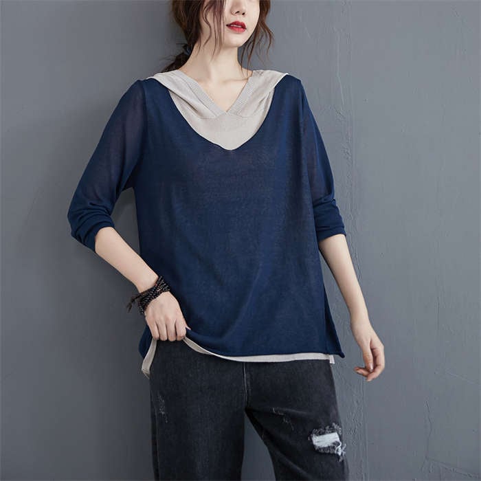 カットソー レディース パーカー 長袖tシャツ 春 夏 秋 インナー 無地 フード付き トップス 重ね着風 プルオーバー ゆったり レイヤード風 シャツ vネック フェイクレイヤード カジュアル リラ