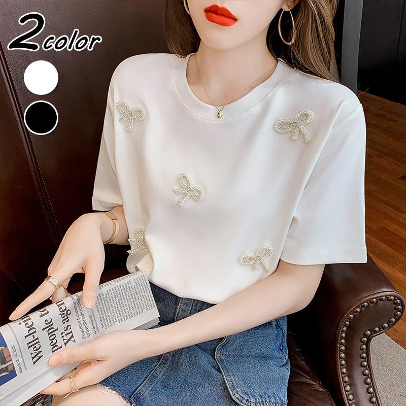 Tシャツ レディース オシャレブラウス 白Tシャツ 半袖トップス リボンラインストーンTブラウス 大人 通勤 ゆったりTシャツ