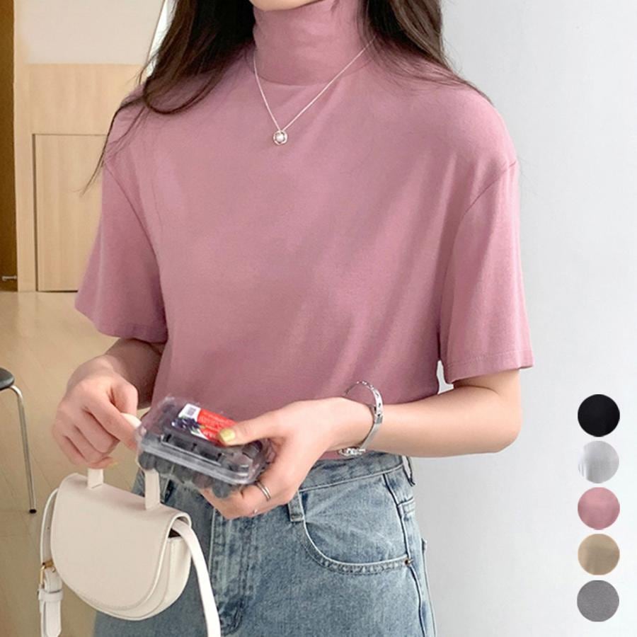 春 夏 秋 ハイネック半袖tシャツ レディース 薄手