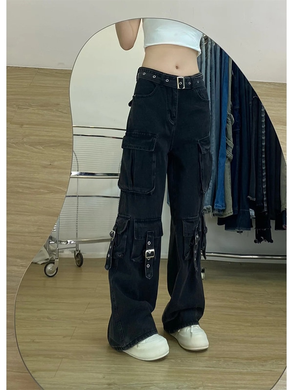 春夏 デニムパンツ ロング丈ボトムスハイウエストジーンズ ストリートファッション系ファッション練習ジーンズ シルエット加工ゆったりレッグレディースカジュアルジーパン衣装