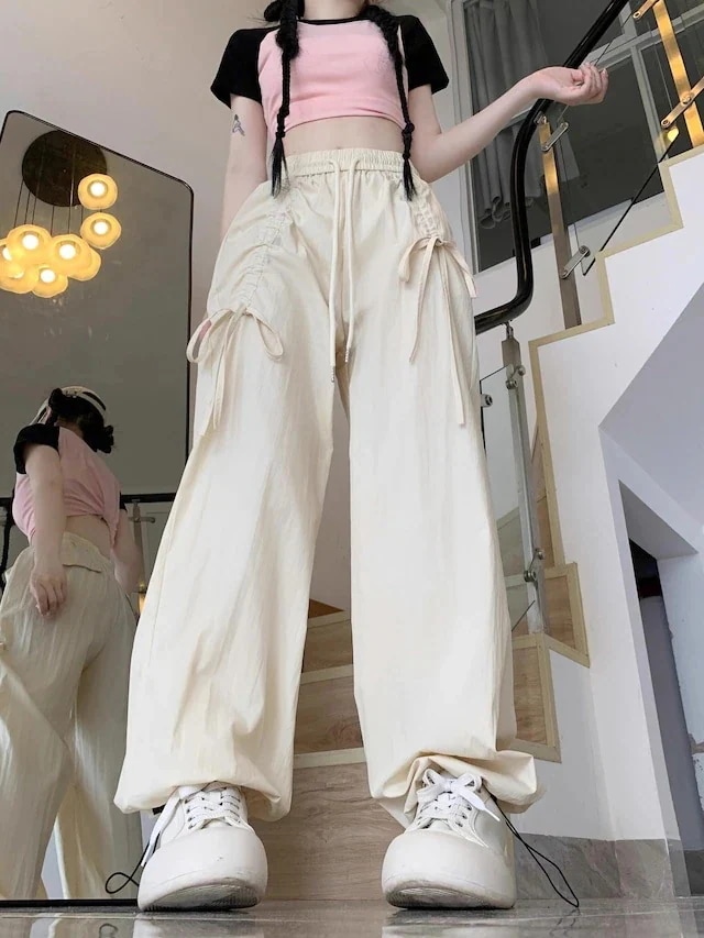 春夏パンツ ロング丈 カーゴパンツ ワイド ストレート ハイウエスト 美脚効果 脚長効果 細見え 夏 白 黒 青 韓国ファッション レディース かわいい おしゃれ カジュアル お出かけ|Asap店