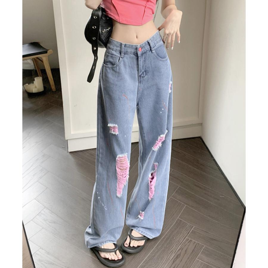 デニムパンツ ピンク ダメージデニムパンツ レディース