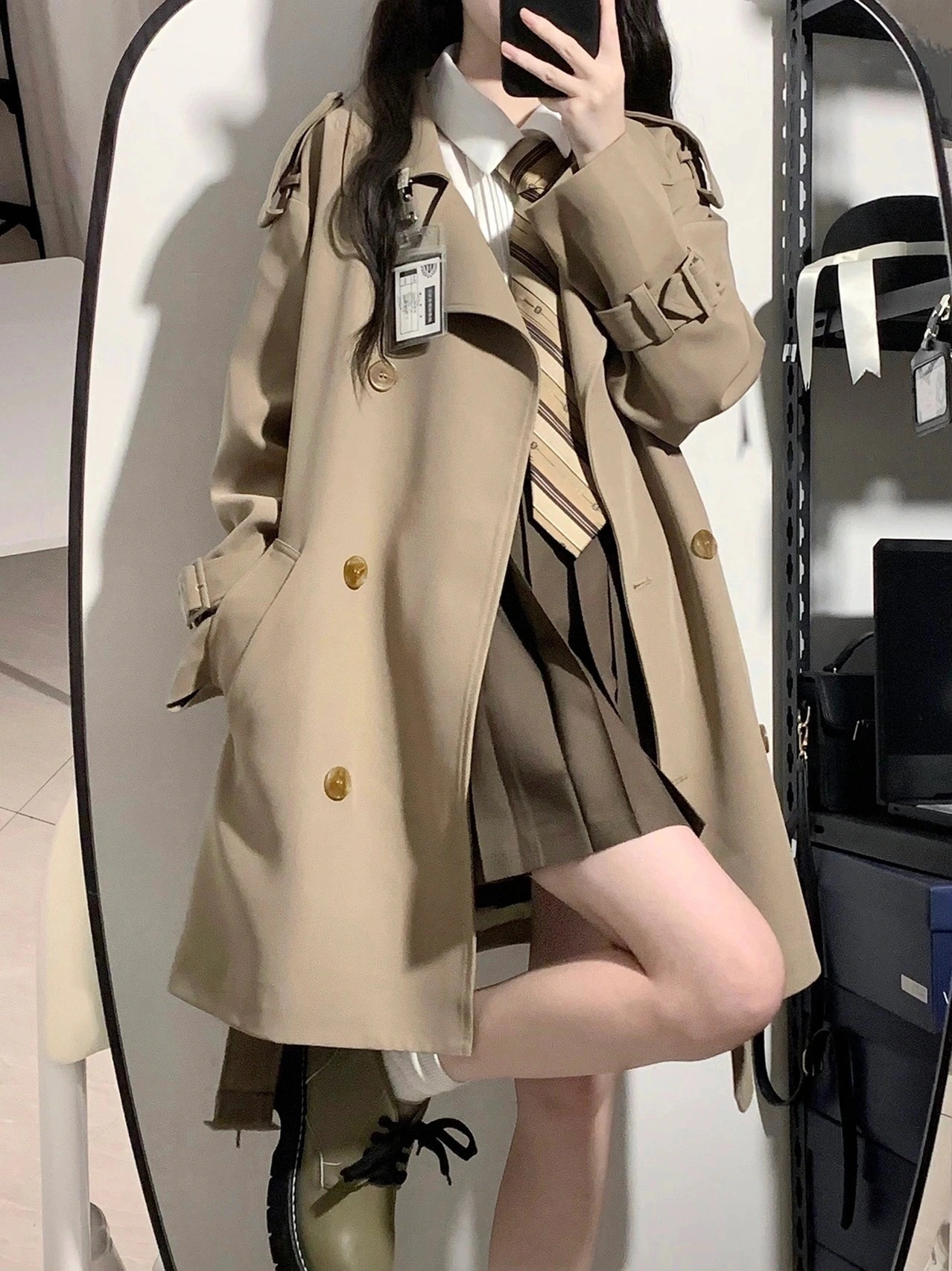 トレンチコート レディース カーキ色 ユニフォーム パーカーゆったりとしたダブル前胸部 小っちゃいなパーカー ダンス楽隊 上衣 韓国 トレンチコート ロング 通い アウター