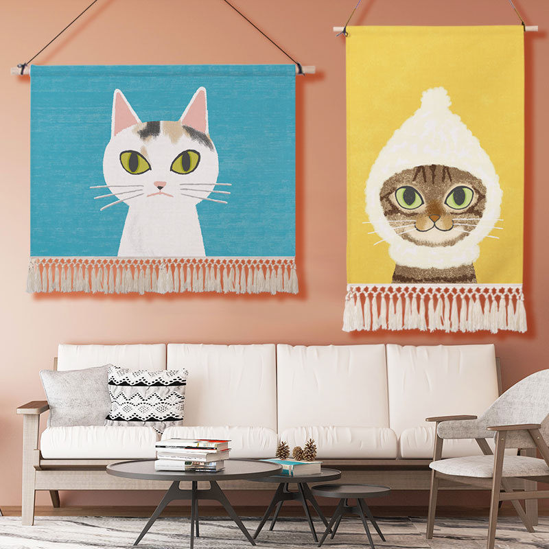 愛くるしげ猫綿タッセルタペストリーモダンミニマリスト墨付き小間絵北欧の小さな目あたらしいな臥し所の臥榻片方の綿織物lineン吊り布