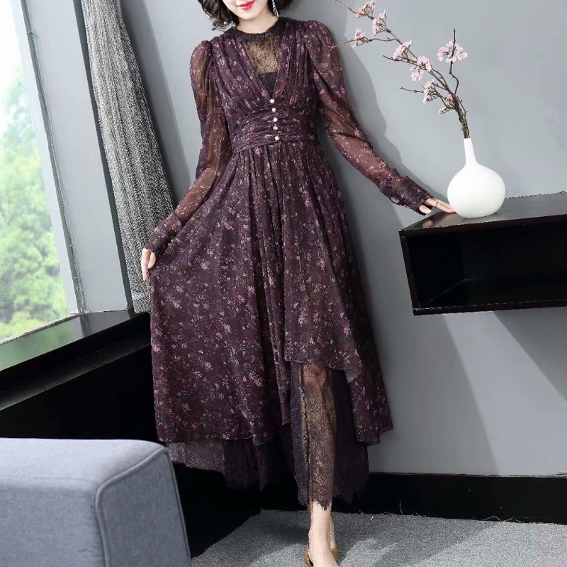 ラウンドネック パフ 長袖 シースルー レース接ぎプリント 変則ロングワンピース ワンピース 秋冬 婦人服 2024