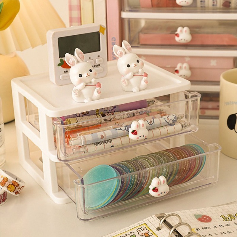 可愛いウサギ引き出し式筆筒収納箱文具デスクトップ超大容量書斎子供女の子学生絵筆マーカーの箱シンプルなスタイル軽奢高級感机の置物｜Asap店
