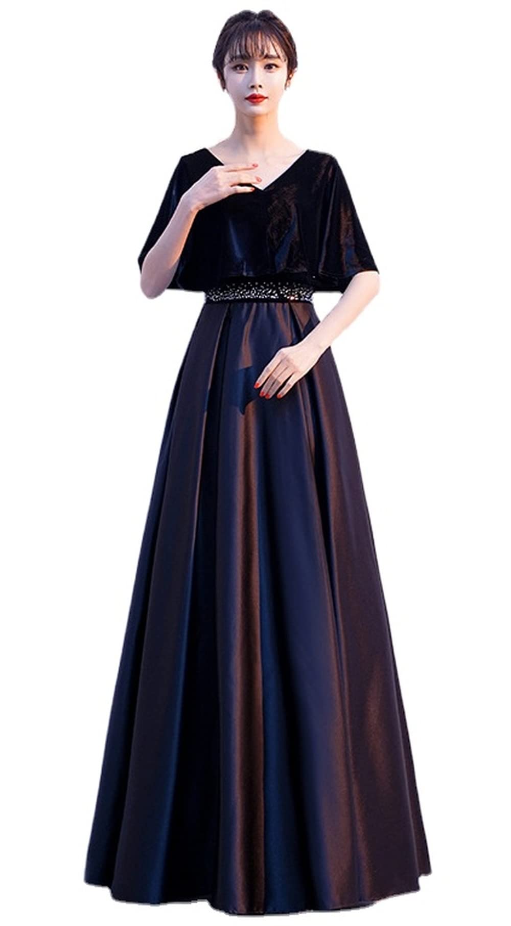 パーティードレス ロング マキシ丈 結婚式 演奏会 Vネック 成人式 同窓会 大人 ピアノ 着痩せ 発表会 Aライン ステージ お呼ばれドレス 二次会 忘年会 ワンピース イブニングドレス (パブール,3XL)