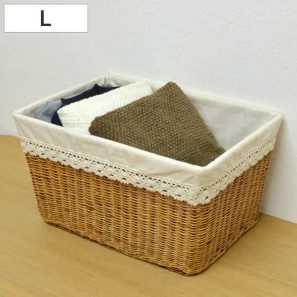 バスケット 天然素材 レース Lサイズ 収納 幅51.5x奥行36.5x高さ28cm カゴ 布付き 手編み かご 持ち手付き 収納ケース 収納ボックス 長方形 小物収納 収納カゴ 大きい｜Asap店