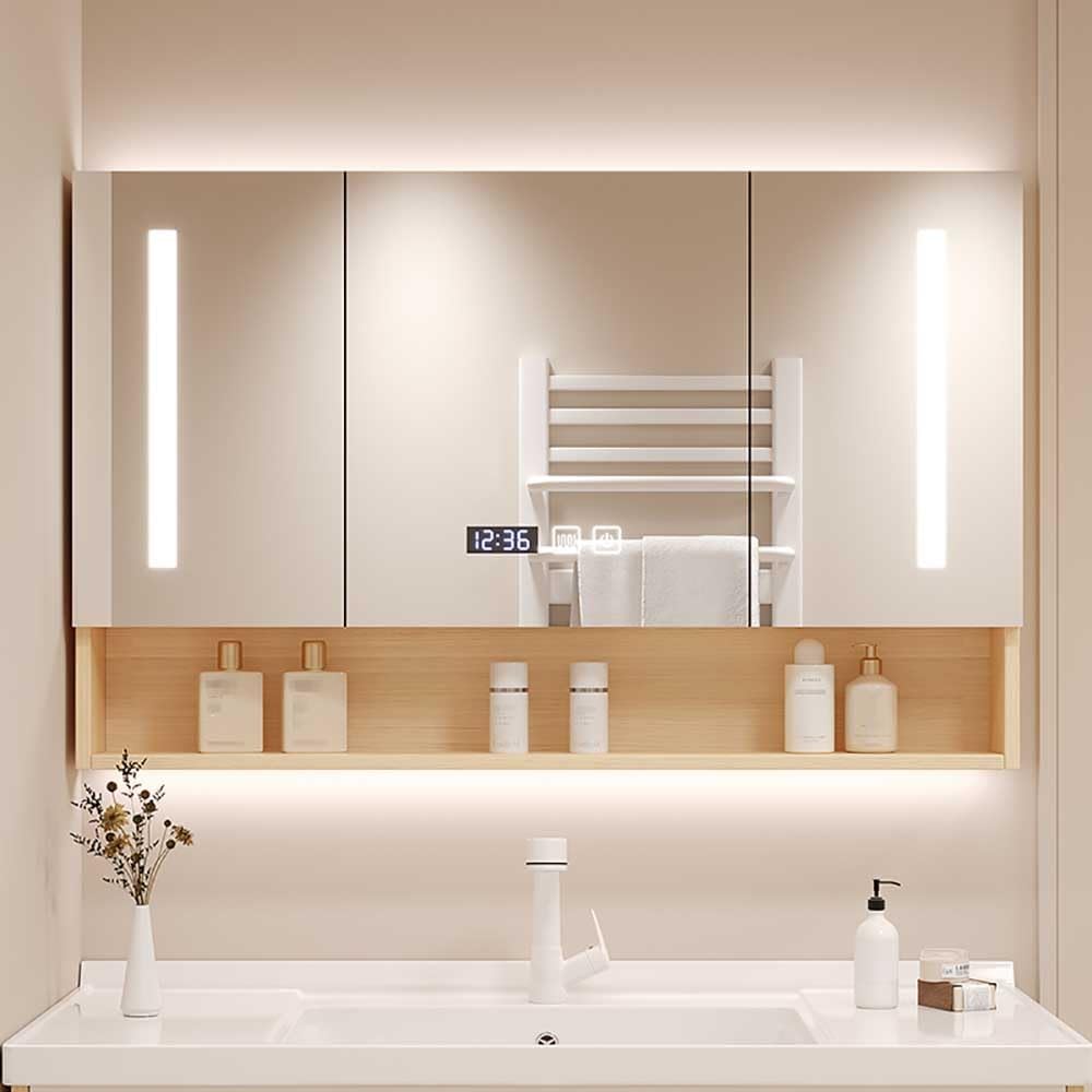 78*70*12糎多役立つことバスルームキャビネット2部屋の入り口薬押し込み大電気容量ロッカー照明装置LEDミラーキャビネッ木の色納める押し込み木製 曇り止め省エネ第四次元/体温タッチボタントイレ
