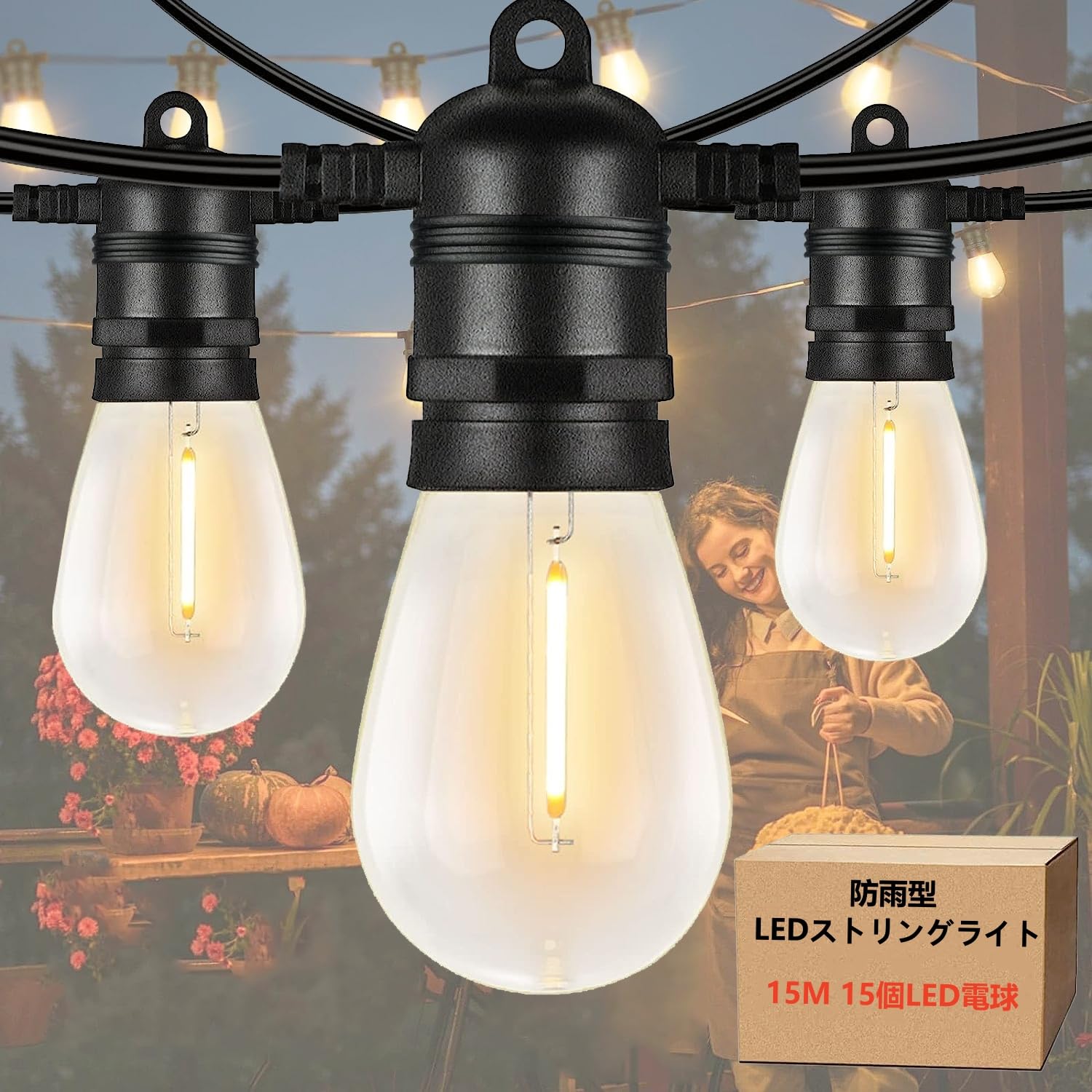 防雨型LED撚り糸ともし火 15M 15個LED白熱電球付き添い人(蓄積白熱電球2個) 2700K白熱電球色 マイコン原料品 打ちこわれるしにくい 継ぎ合わせる能力のある LED照度ともし火屋内/露天照明装置 園地ともし火 クリスマス 照度 かざり付けるともし火生まれ落ちる日寄り合い電飾 御芽出度飾りつけ
