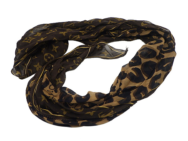 LOUIS VUITTON ルイ・ヴィトン スカーフ モノグラム柄 レオパード柄 ヒョウ柄 シルク100％ ブラウン系 【中古】【送料無料】【質屋出品】
