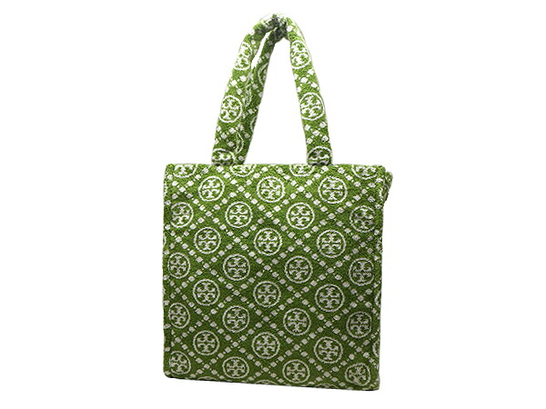 TORY BURCH トリーバーチ T モノグラム TERRY トートバッグ 148687 コットン 明るい緑系 【中古】【送料無料】【質屋出品】