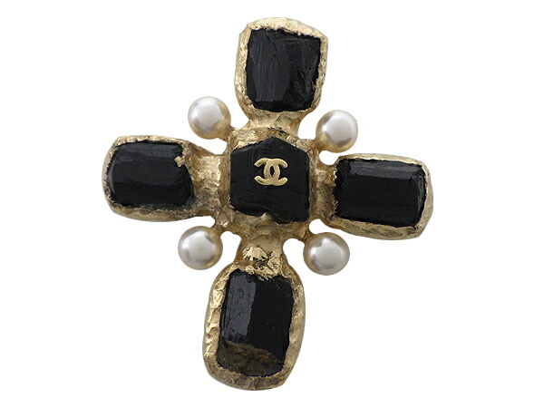 CHANEL シャネル ブローチ GP 黒石 フェイクパール クロスモチーフ 【中古】【送料無料】【質屋出品】