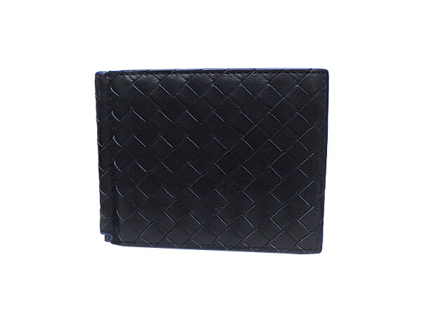 BOTTEGA VENETA ボッテガ・ヴェネタ2つ折り札入れ<br>レザー ブラック/内ブルー<br>イントレチャート【中古】【送料無料】【質屋出品】