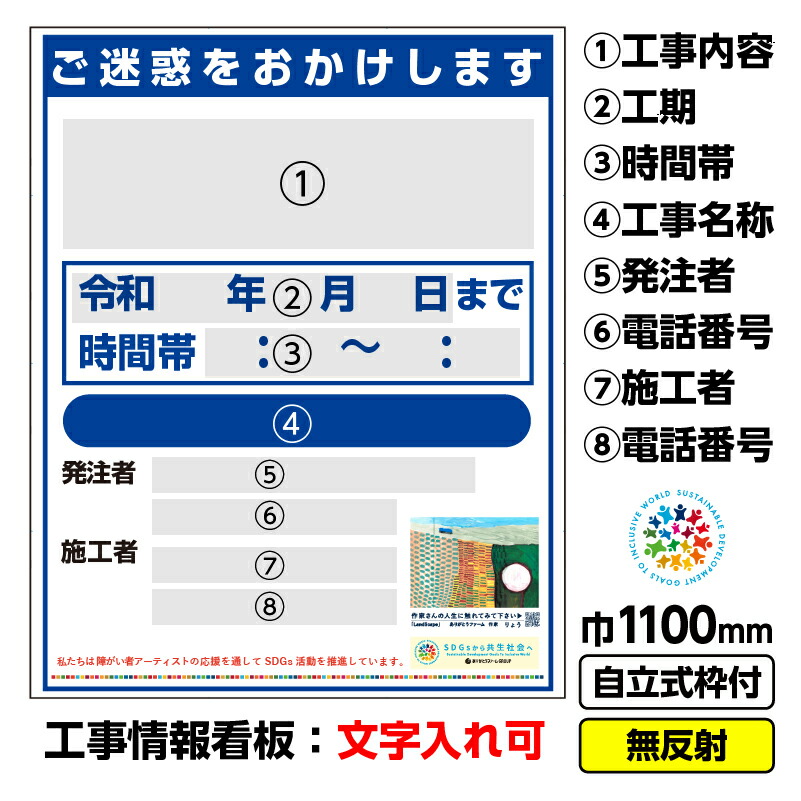 【送料無料】障がい者アート 工事看板 道路工事情報看板「LandScape（りょう）」1100X1400 無反射 自立式19角枠付 CSR活動 SDGs 障がい者支援 イメージアップ