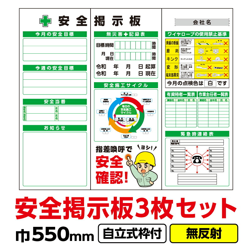 【貨物輸送無料】工事張り出し「安全性のある電子掲示板3枚組 緑」 550X1400 磁石付 無照りかえし 独立独歩式19角枠付