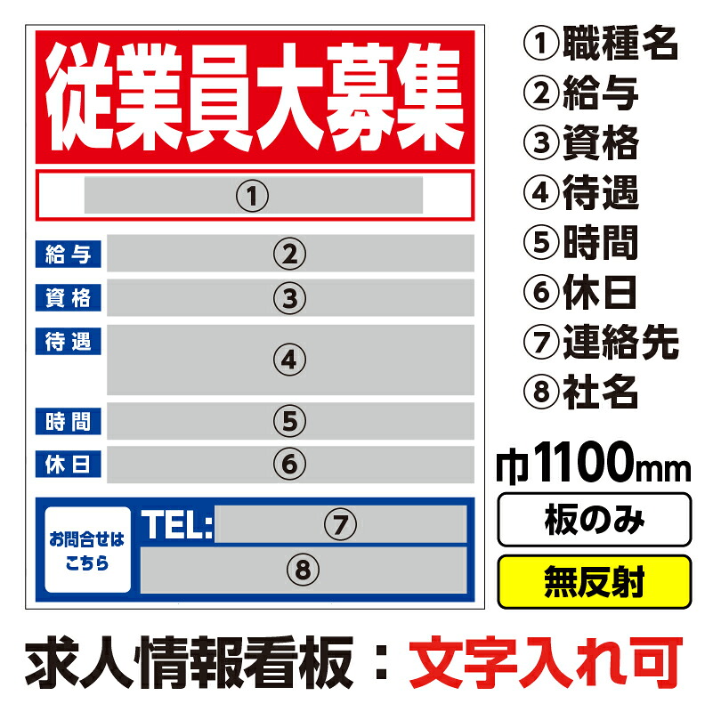 工事看板「従業員大募集」 1100X1400 無反射 板のみ（枠なし）求人 スタッフ募集 リクルート