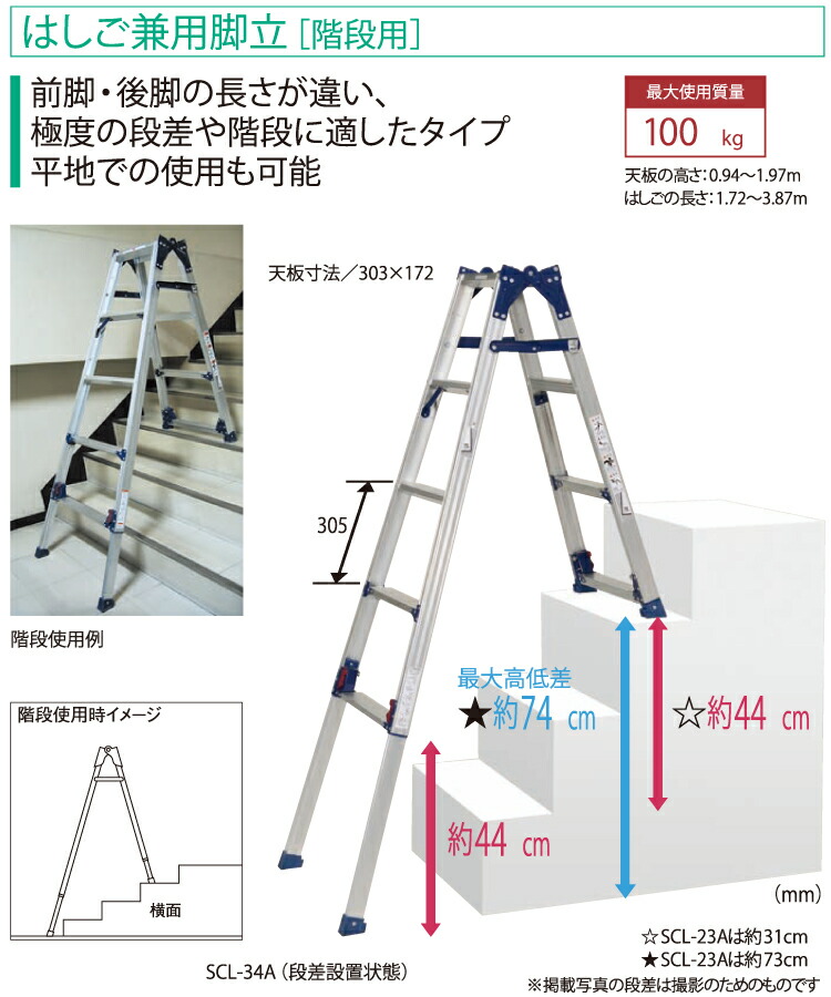 新作続 ピカ PiCa 階段用 四脚アジャスト式脚立 SCL-23A はしご兼用脚立 かるノビ ダブルロック機構 天板高さ0.94〜1.39ｍ はしごの長さ1.72〜2.51ｍ  apartmanilola.rs