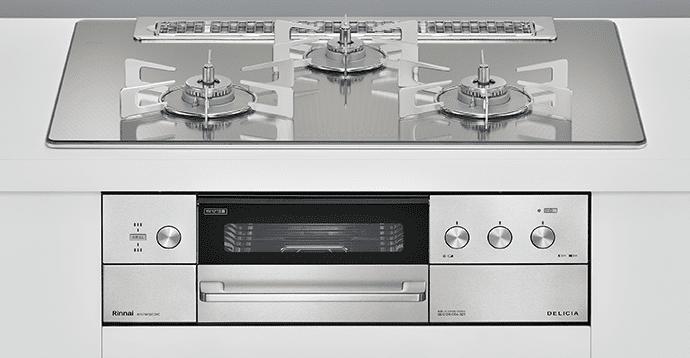 リンナイ RHS71W30E13RCASTW デリシアガラストップ天板 プラチナミラー 75センチ ビルトインコンロ無水両面焼きグリル レンジフード連動機能付｜あしなが屋　店