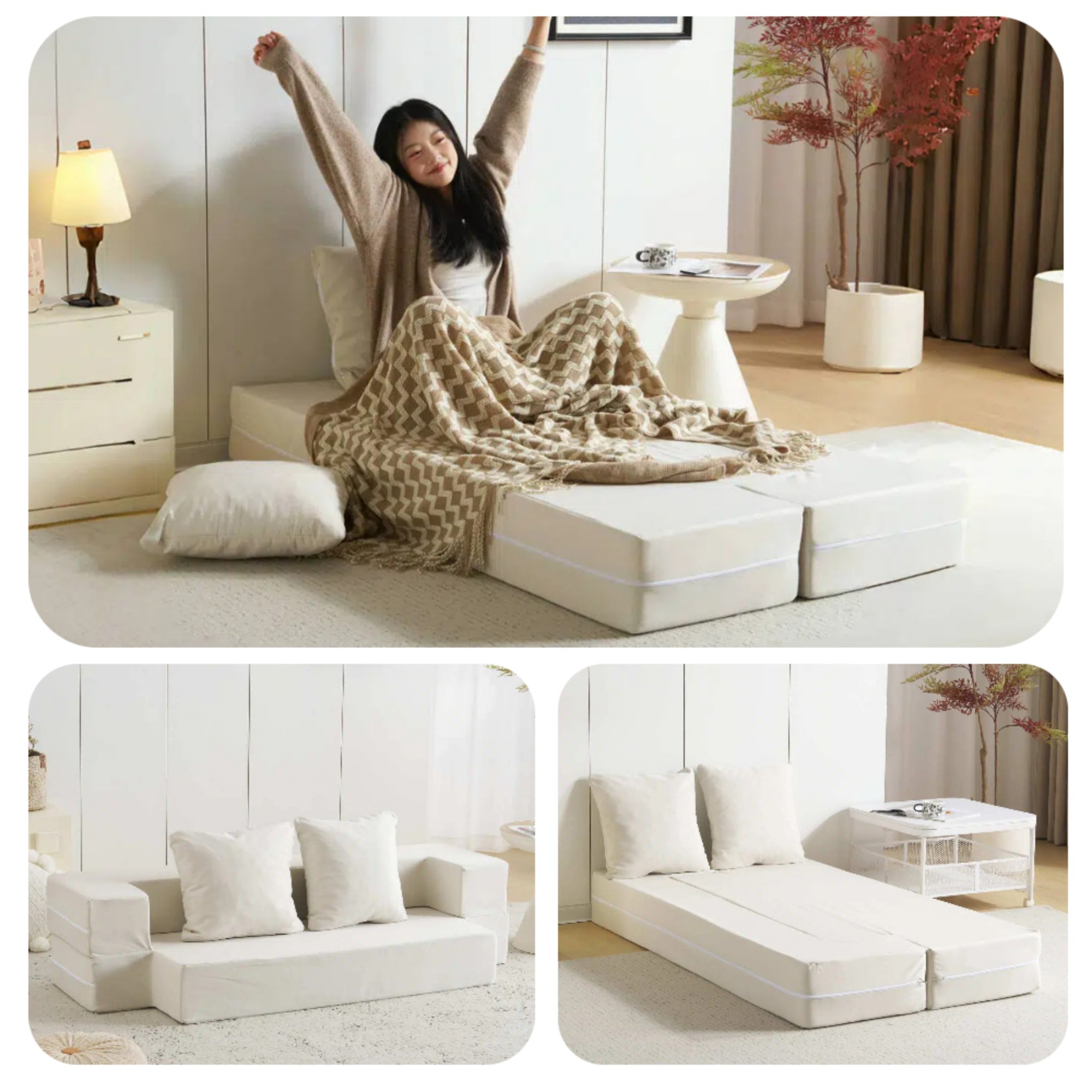 ホワイト】2人掛けソファベッド 組立不要 フロアソファ コンパクト