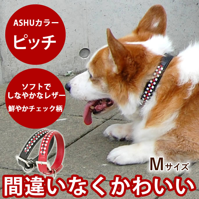 首輪 ASHU ピッチカラーMサイズ【リードは別売り】 中型犬 レザー 革柴犬 サルーキにも人気 赤 黒のデザイン オリジナルドッグブランド 犬用首輪 お散歩 可愛い 犬のグッズ コーギー ペット用品 犬の首輪 豆柴 豆しば ペット用 ドッグ
