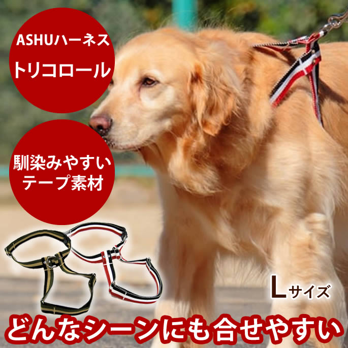 【割引クーポン配布中】犬 ハーネス 大型犬 ASHU トリコロール L 【リードは別売り】 ペット用 胴輪 簡単ラブラドール ナイロン テープタイプ犬 ドッグ 犬用ハーネス【犬ハーネス ペット用品 おしゃれ 散歩用 愛犬】 おしゃれ　服の上から　老犬 ハーネス 高齢犬 シニア
