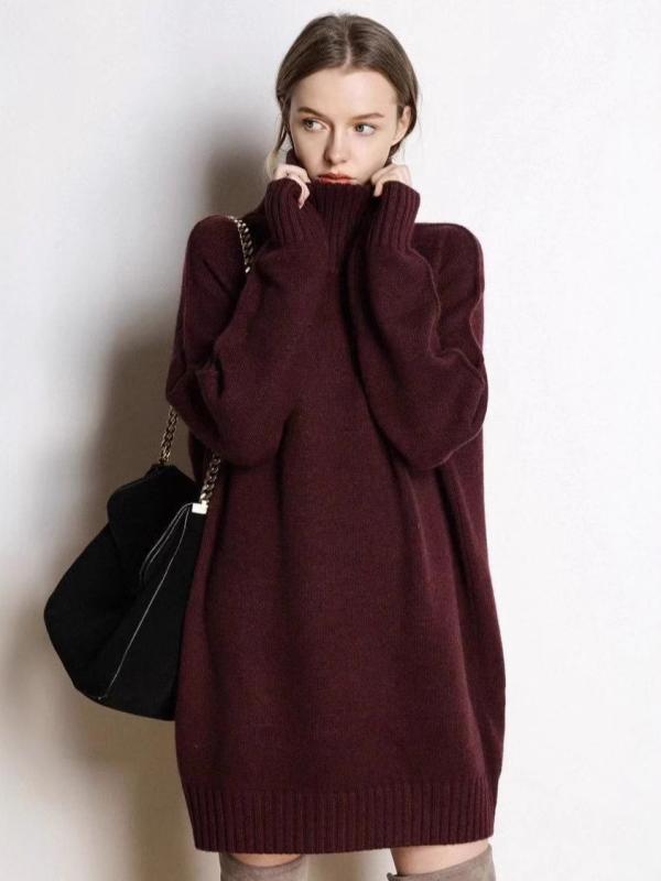 ニットセーター 女性用 ハイネック 厚手 中長丈 羊毛 フィット 秋冬 暖かみ コーディネートしやすい トップス ウール素材 ゆったりシル