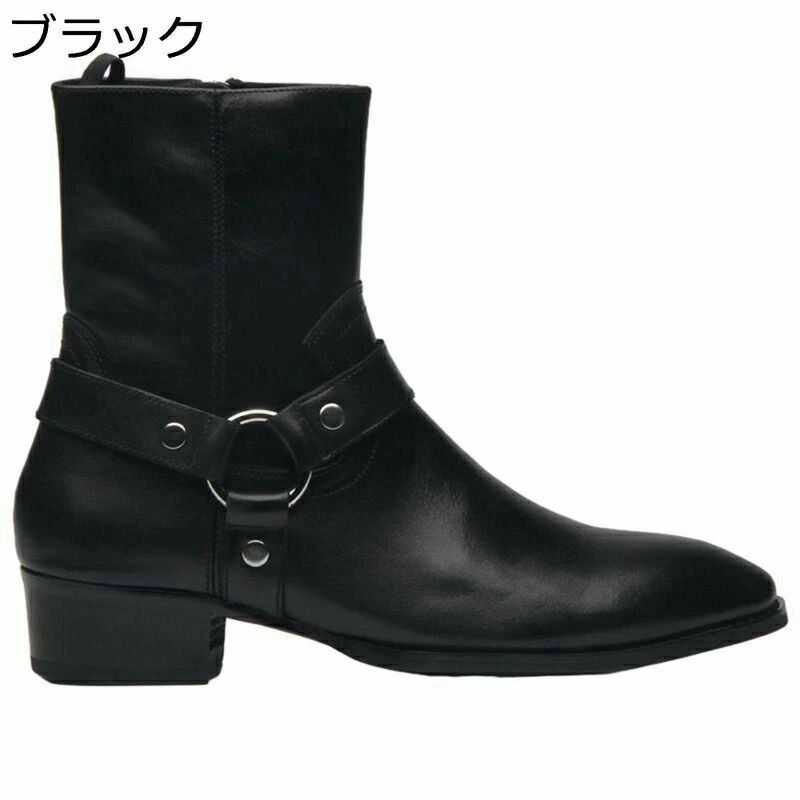 チェルシーブーツ メンズ サイドジップ 牛革 バックル付き 秋冬 ショートブーツ ミドルカット 短靴 ポインテッドトゥ 撥水加工 通気 防