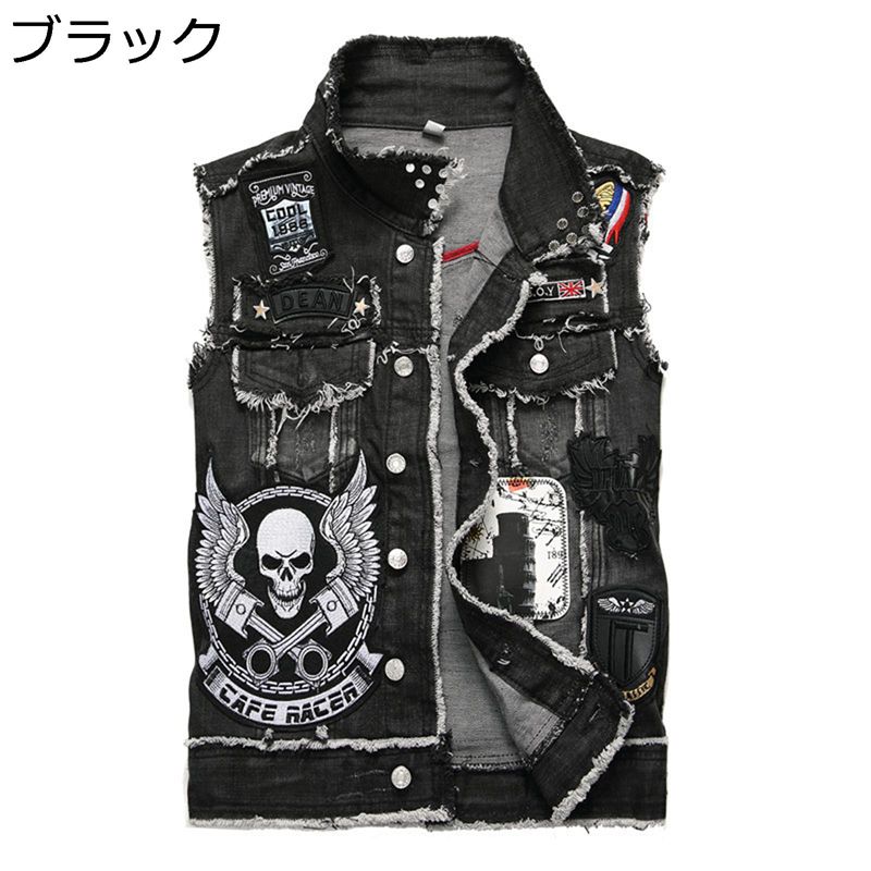 デニムベスト ジージャン 多機能 バイクチョッキ ドクロ メンズ 袖無し パンク アウター デニムジャケット ダメージ加工 前開き ポケッ