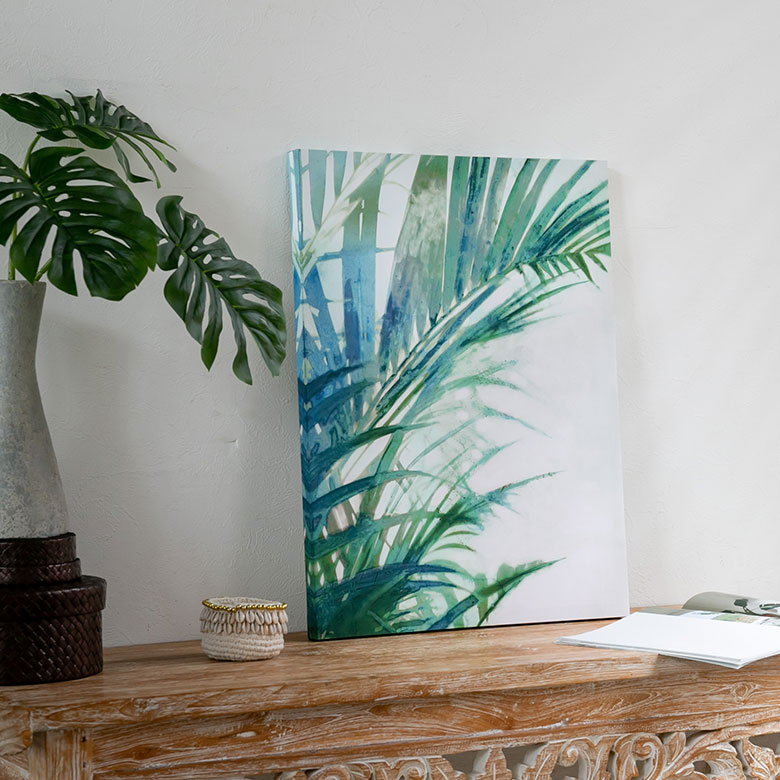 アートパネル Tropical Leaves おしゃれ アジアン アジアン雑貨 アート イラスト ウォールデコレーション キャンバス グリーン バリ島 パームリーフ ボタニカル モダン ヤシの木 リゾート 北欧 南国の葉 壁掛け 幅45cm 抽象画 絵 葉っぱ 長方形 高さ60cm 最安値