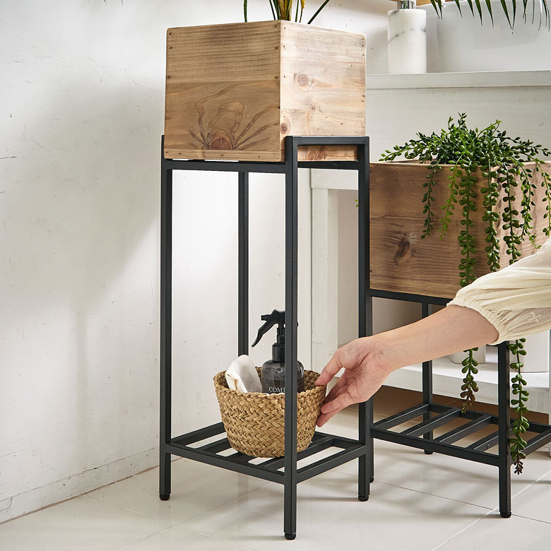 プランタースタンド 脚付き アイアン 木製 パイン材 トール 正方形 5号