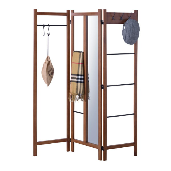 楽天市場 ハンガーラック ついたて式 鏡付き 天然木 フック付き 玄関収納 コートハンガー 洋服掛け ミラー付き パーテーション 3連 北欧 アジア工房