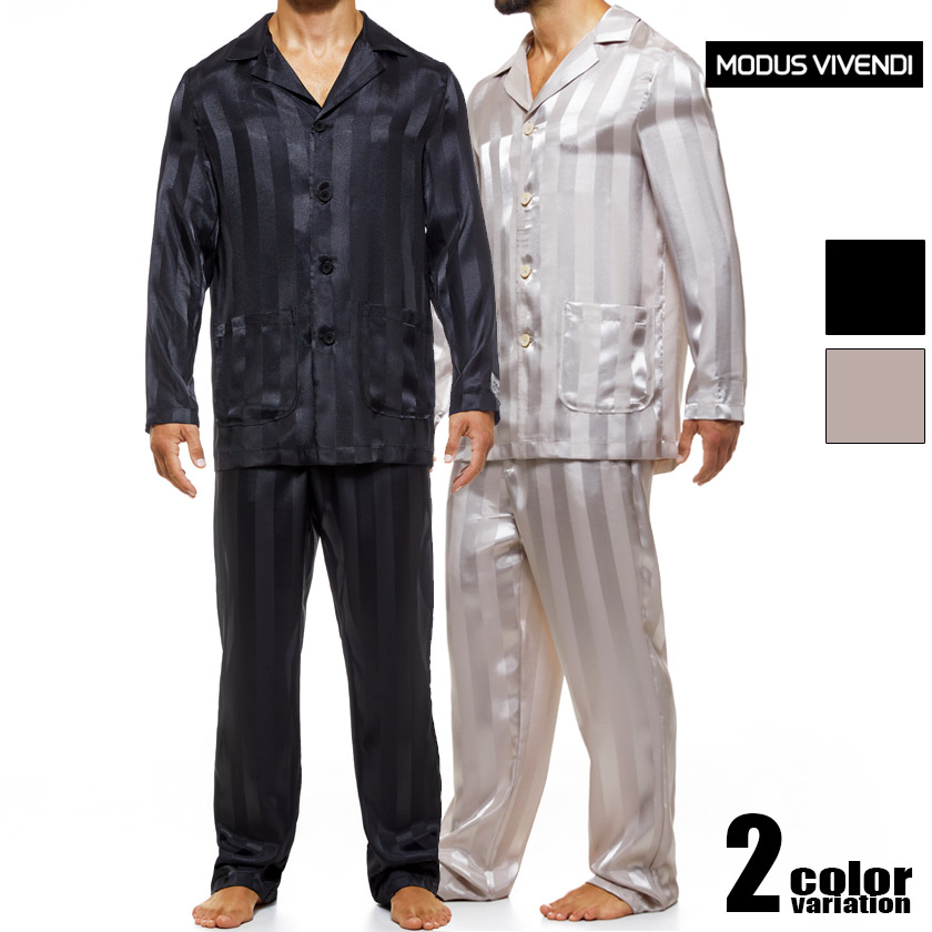 ModusVivendi/モダス ビベンディ Bourgeois Pyjamas 光輝 パジャマ 上下書き割り ラグジュアリー 寝間着 お座敷御召しもの 長袖 長ズボン 縞模様 縦縞 繻子 お座敷御召しもの メンズ 伸び伸びする御召しもの お座敷着