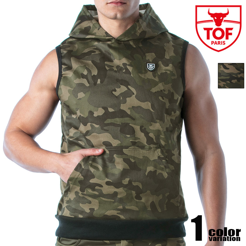 TOF PARIS/Trends Of Friends Army Sleeveless Hoodie偽装柄 ボンネット付き添い人 ノースリーブパーカー 袖なしトップス メンズ 流行り物 カンガルー衣嚢 正規陸軍 化けの皮