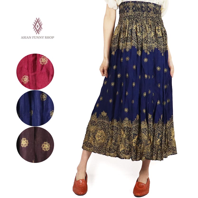 楽天市場 レース柄 2way エスニック スカート ロングスカート ワンピース レディース 女物 エスニックファッション エキゾチック アジアン ボヘミアン ヒッピー フレア スカート レーヨン ロング丈 ハイウエスト リブ ウエストゴム レース 小花 ゆうパケット送料0円