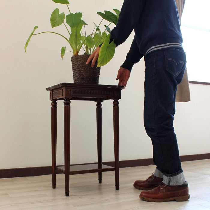 サイドテーブル 花台 フラワースタンド 木製 木 チーク材 チーク家具 無垢 W 46cm D35cm H 70cm ダークブラウン テーブル デザイン家具 ウッド 天然木 おしゃれ かっこいい モダン 完成品 花瓶台 鉢置き台 観葉植物 飾り台 アジアン家具 リゾート ホテル家具 FUR-0026