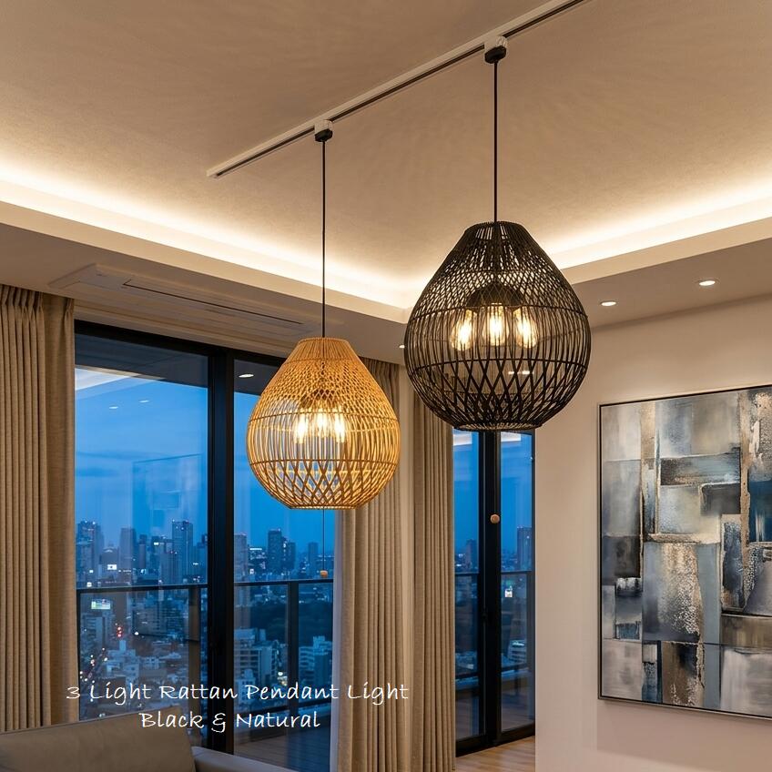 ペンダントライト ３灯 ラタン 籐 2カラー ブラック ナチュラル LED 40W 標準 吊下げ アジアン 天井照明 和洋室 リゾート 古民家 ダイニング用 食卓用 寝室 リビング 照明 ライト リビング用 ハンギング ランプ カウンター ハンドメイド おしゃれ シンプル モダン 店舗 和風｜リゾートインテリア＆照明チャハヤ