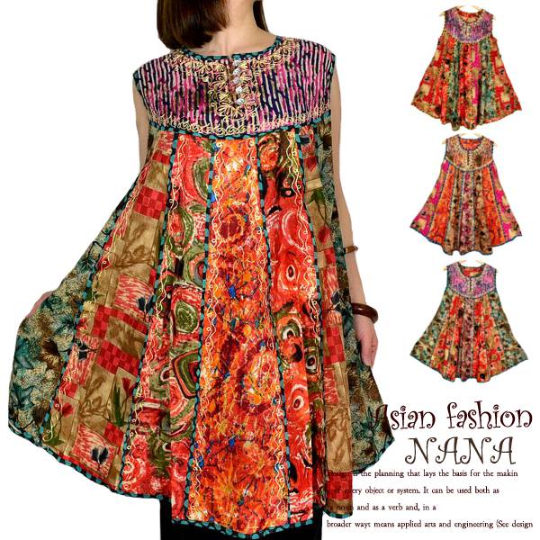 楽天市場 エスニック ワンピース インド綿 フレアワンピ ノースリーブ リゾート Aライン ドレス ラウンドネック パッチワークのアジアンスタイル ワンピース アジアンショップｎａｎａ