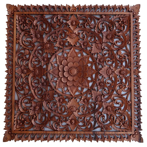 花の木彫りの壁掛けレリーフ 100X100 スワール無垢材 壁掛けタペストリー 壁飾り ウォールアート 木彫り彫刻アジアン雑貨 バリ雑貨 床の間装飾 透かし彫り彫刻 1mX1m【大型宅配便】【沖縄県・離島配送不可】050791｜ASIANTIQUE　アジアンティーク