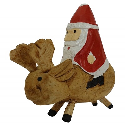 トナカイ乗りサンタの木彫り　Sサイズ　10cm　クリスマスデコレーション