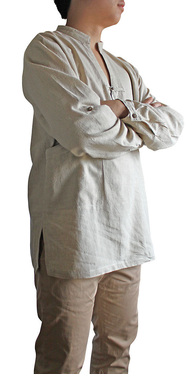 楽天市場 リネンコットンのメンズカシュクール風スタンドカラープルオーバー 生成ナチュラル さわんアジア衣料雑貨店