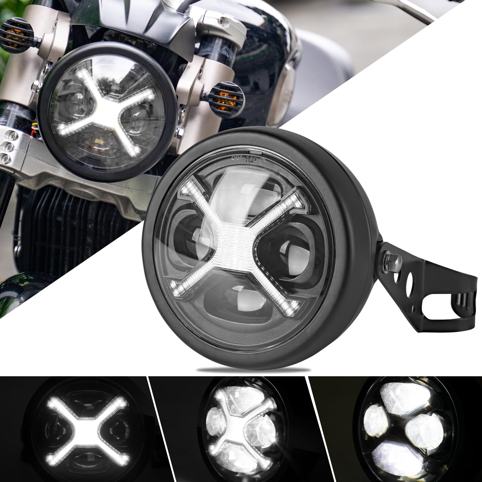 5.75インチ LED バイク ヘッドライト レトロな黒X-メンシェイプ ホワイトDRL ハイ/ロービーム切り替え 汎用 丸目 ランプシェードホルダー付き マーシャル オートバイ プロジェクター ヘッドライト (Xホワイト)画像