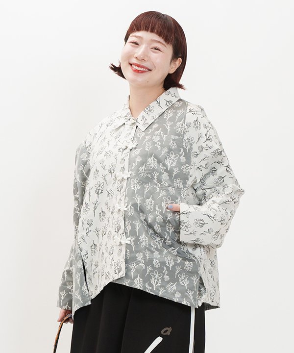 as know as ナナメッチャイナＪＱＳＨ レディース 大きいサイズ トップス シャツ ブラウス シャツ ジャカード 長袖シャツ チャイナ釦 チャイナ かわいい おしゃれ カジュアル 上品 華やか トレンド オオラカ