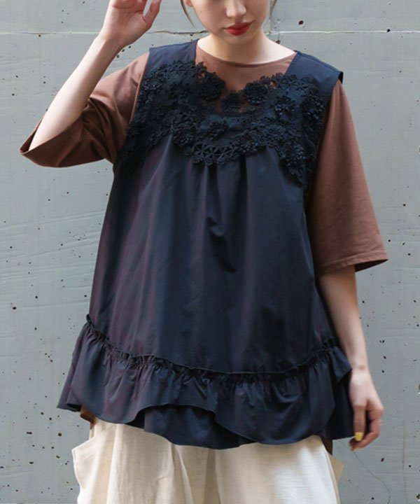 as know as 胸に秘めたレースＢＬ レディース トップス ブラウス ブラウス ＢＬ ノースリーブ レース フリル ギャザー ドット 水玉 レーヨン 綿 レイヤード 重ね着 ドゥバズ