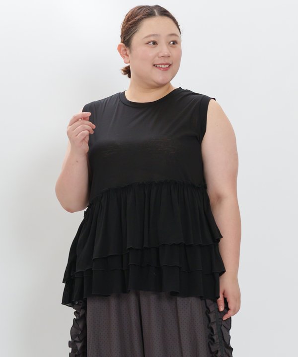 as know as うすひやフリルＴＫ レディース 大きいサイズ トップス カットソー キャミ タンク タンクトップ カット ＴＫ ノースリ フリル ギャザー 段々 薄手 天竺 透け クルーネック 接触冷感 オオラカ