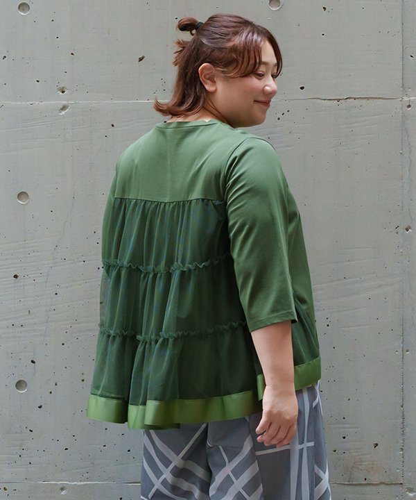 as know as 後ろも映えてひんやりＰＯ レディース 大きいサイズ トップス カットソー 半袖 プルオーバー Ｔシャツ チュール ティアード リボン Ａライン ゆったり 接触冷感 ひんやり 涼しい ＵＶカット 吸水速乾 トリプルメリット 機能性素材 オオラカ